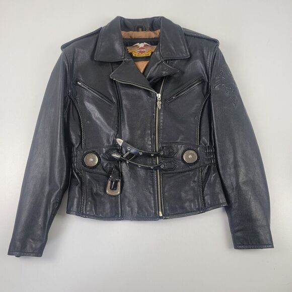 Vintage Harley Davidson Sierra Rose Embossed Black Leather Jacket Medium Classic - Picture 1 of 16